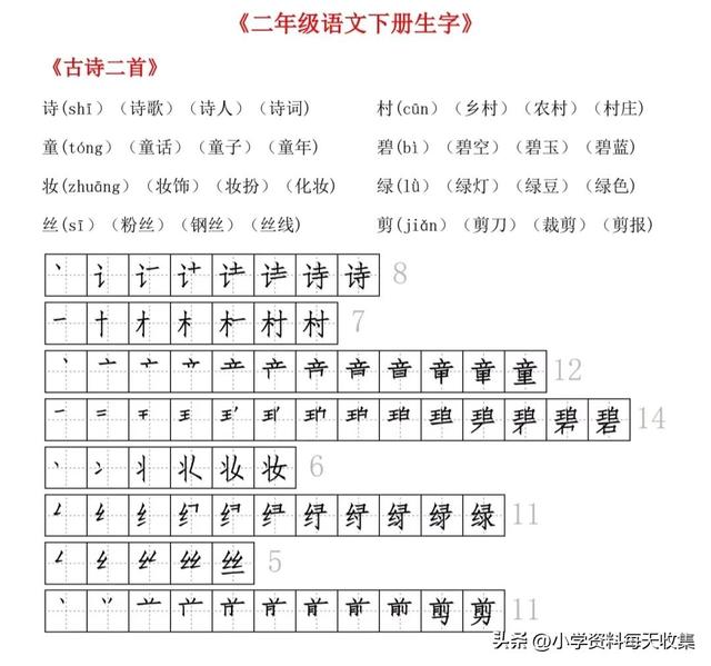 二年级语文生字拼音组词笔顺