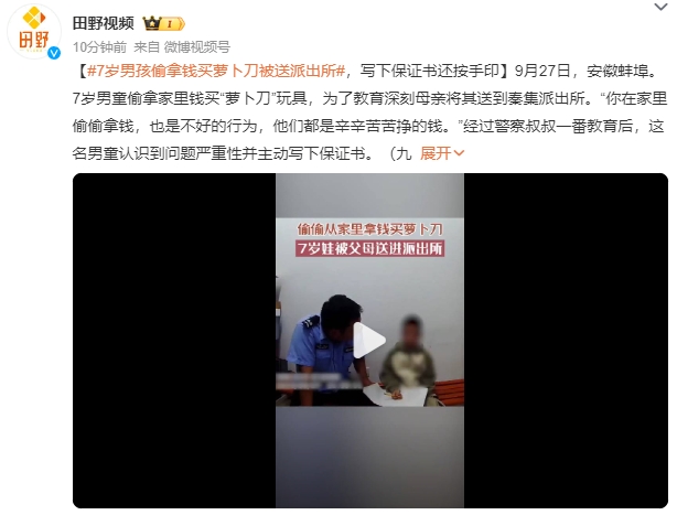 7岁男孩偷拿钱买萝卜刀被送派出所：母亲为了教育深刻将其送到派出所