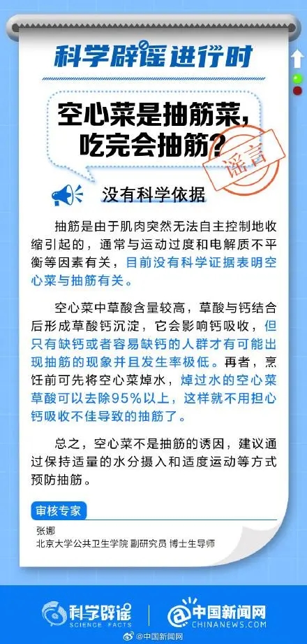 空心菜是抽筋菜吃完会抽筋?谣言，目前没有科学证据表明