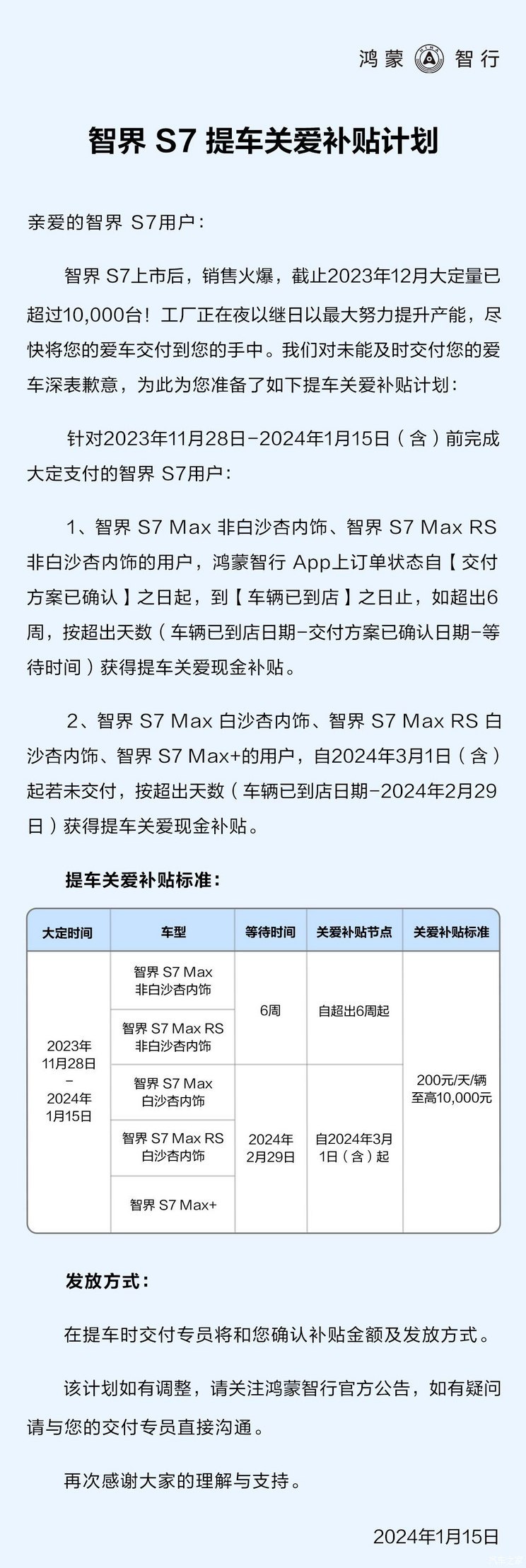 因交付延期 智界S7推提车关爱补贴计划